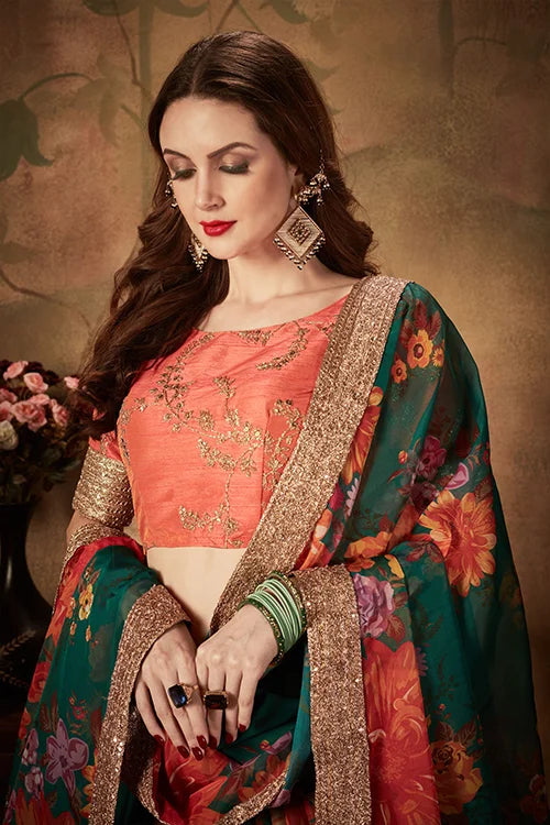 Beautiful Green & Orange Bridal Lehenga Choli Online
