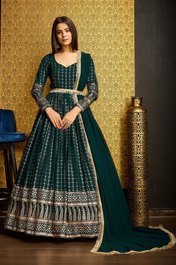 Green Color Designer Metalic Foil Work Ready To Wear Gown