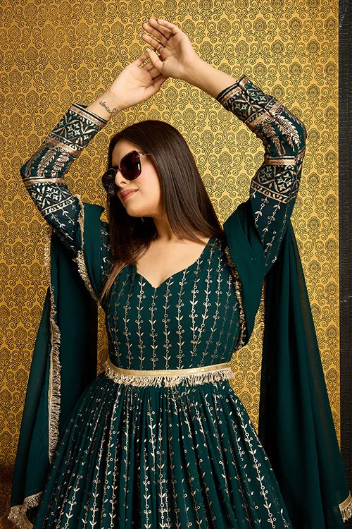 Green Color Designer Metalic Foil Work Ready To Wear Gown