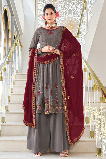 Grey Georgette Thread And Sequins Embroidered Kurta Palazzo Set