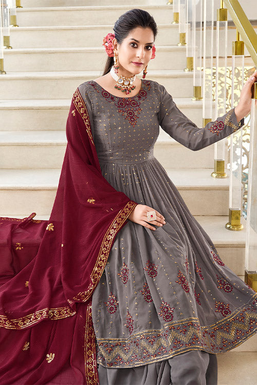 Grey Georgette Thread And Sequins Embroidered Kurta Palazzo Set