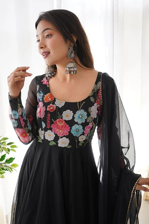 Beautiful Black Organza Anarkali Gown with Dupatta