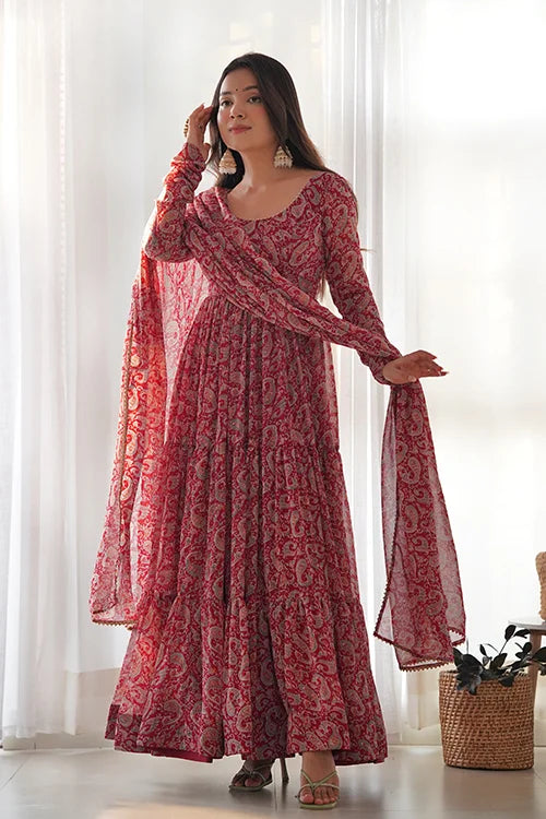 Fox Gerogette Kalamkari Printed Flair Anarkali with Dupatta Set