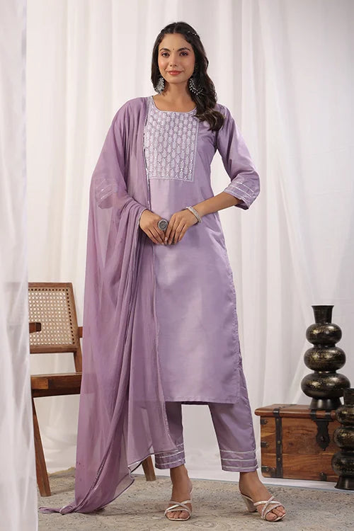 Lavender Viscose Chanderi Kurti Set with Organza Dupatta