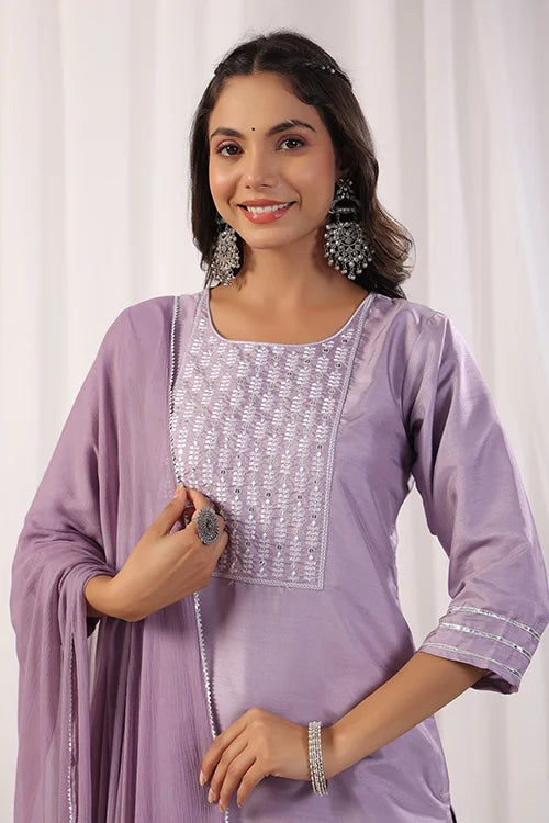 Lavender Viscose Chanderi Kurti Set with Organza Dupatta