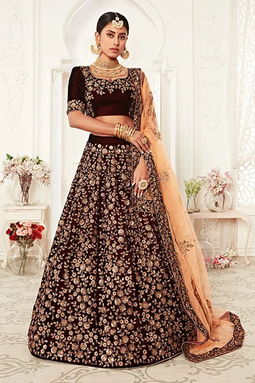 Beautiful Maroon Bridal Velvet Lehenga Choli Dupatta