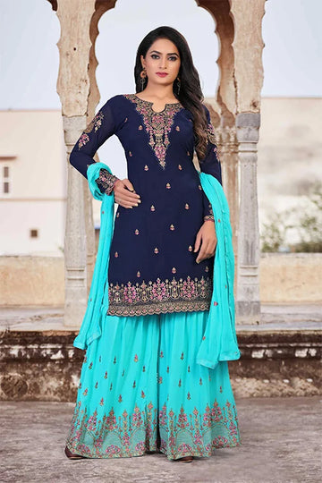 Multi Color Beautiful Zari Embroidered Kurta Palazzo Set With Dupatta