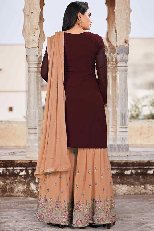 Multi Color Beautiful Zari Embroidered Kurta Palazzo Set With Dupatta