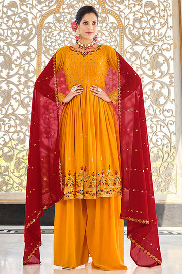 Mustard Yellow Georgette Thread And Sequins Embroidered Kurta Palazzo Set