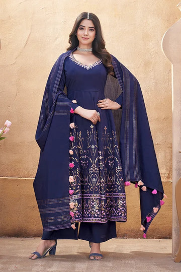 Navy Blue Multi Color Foil Work Wedding Salwar Suit