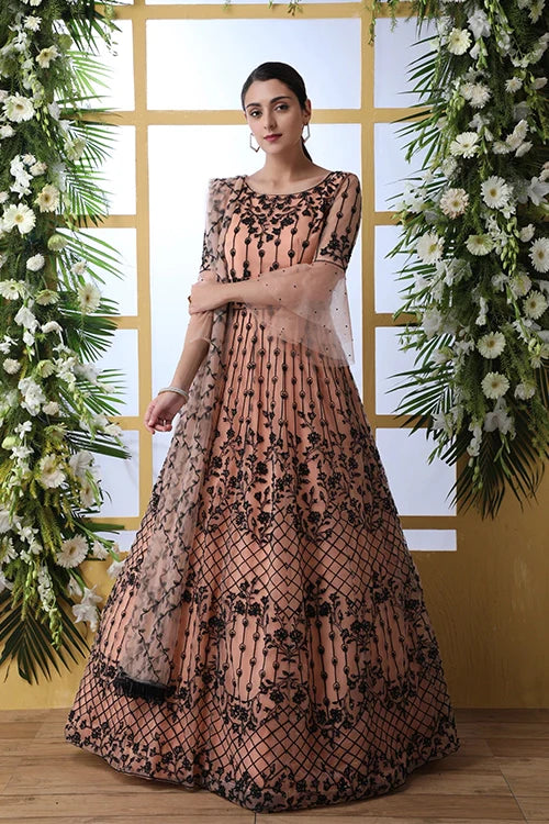 Peach Net Fabric Full Embroidered Stitched Anarkali Gown Collection