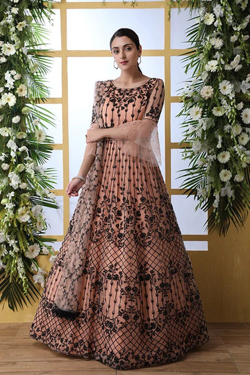 Peach Net Fabric Full Embroidered Stitched Anarkali Gown Collection