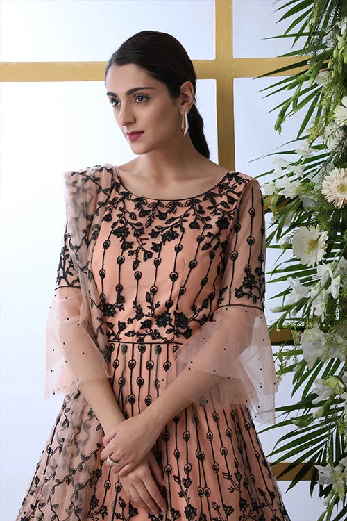 Peach Net Fabric Full Embroidered Stitched Anarkali Gown Collection