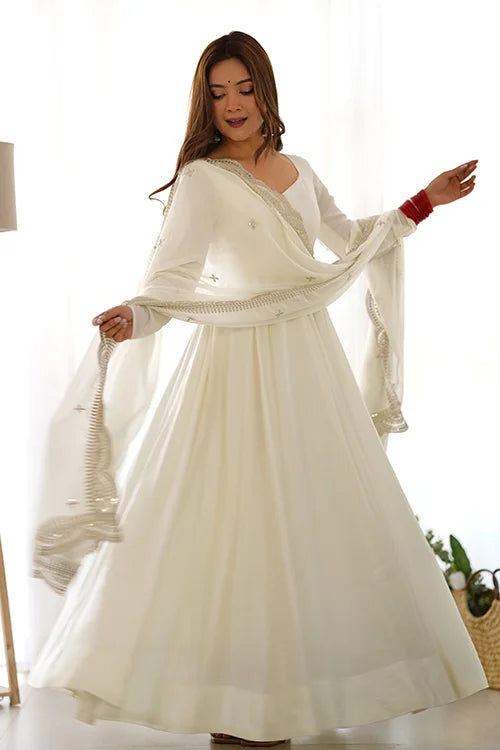Ready to Wear Off White Pure Roman Silk Anarkali Gown with Dupatta