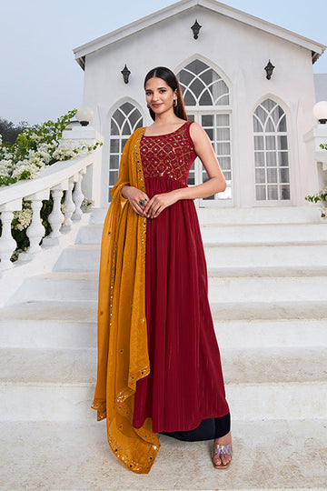 Red Georgette Embroidered Work Kurta Palazzo Dupatta Set