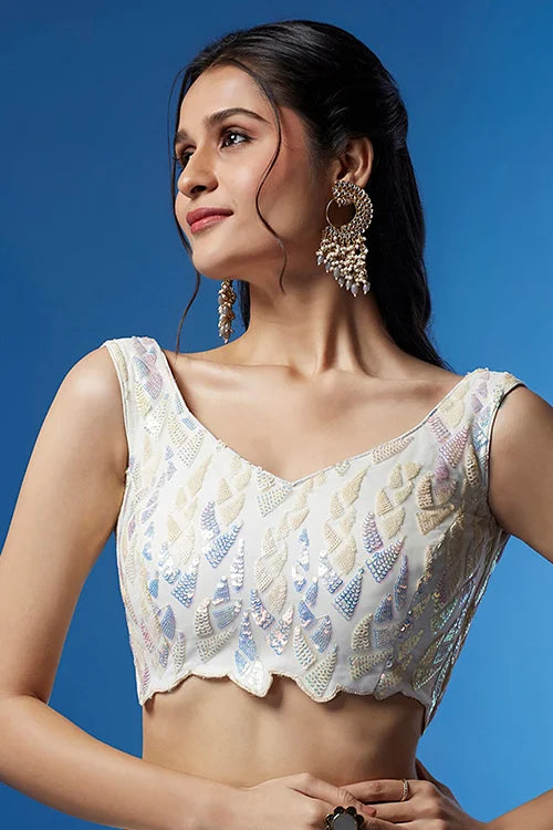 White Soft Net Bollywood Sequins Lehenga Set Online