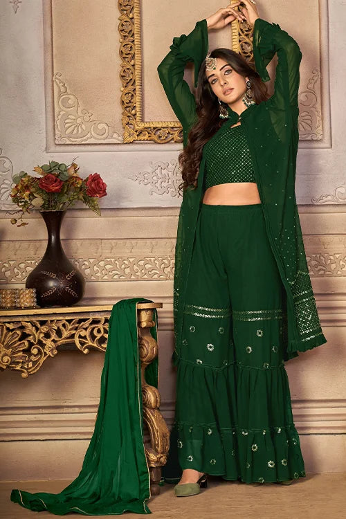 Shrug Style Thread And Sequins Embroidered Sharara Set