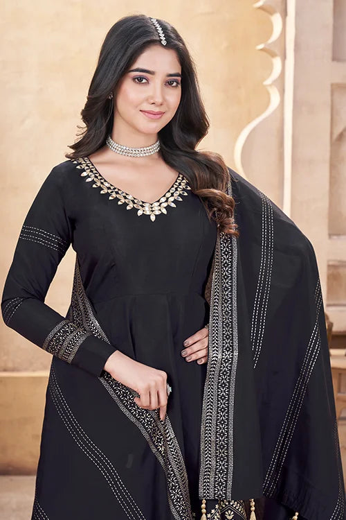 Black Roman Silk Ready to Wear Mirror Work Festive Suit
