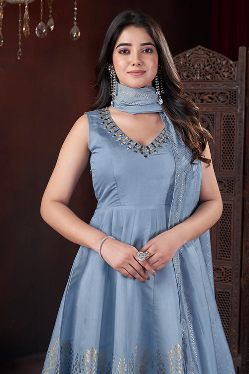 Sky Color Roman Silk Foil Printed Festival Salwar Suit