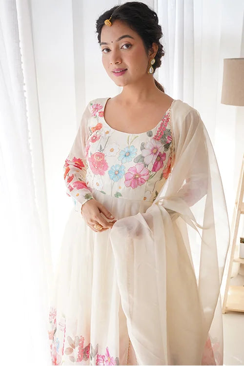 Cream Floral Printed Organza Anarkali Suit Set Collection