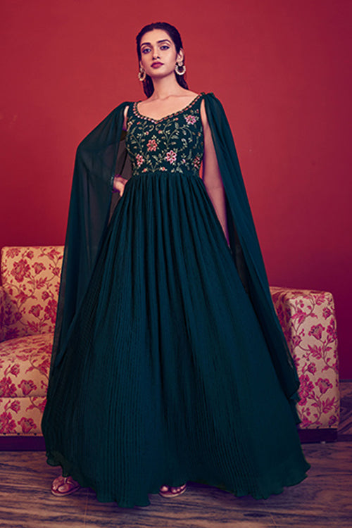 Teal Blue Off the Shoulder Embroidered Long Anarkali Style Gown