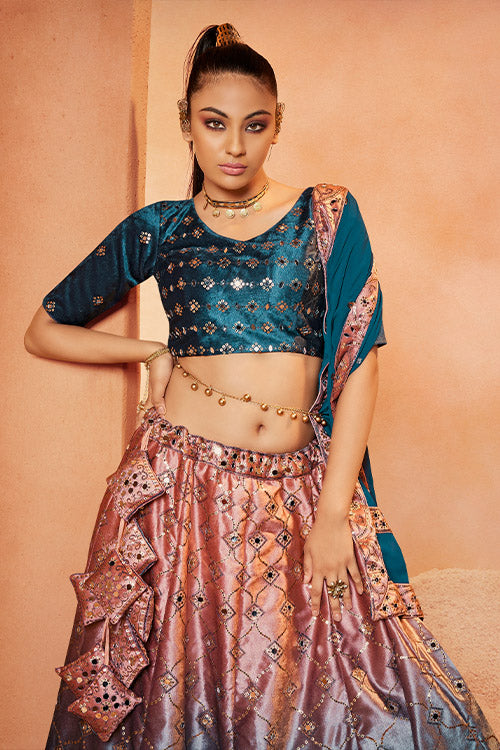 Teal Blue Velvet Sequins Embroidery Work Lehenga Choli