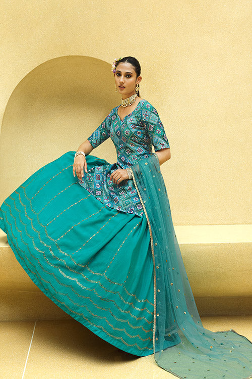 Turquoise Blue Sequins Lehenga Choli for Women