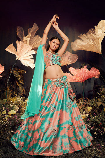 Turquoise Orange Velvet Sequins Embroidery Work Lehenga Choli