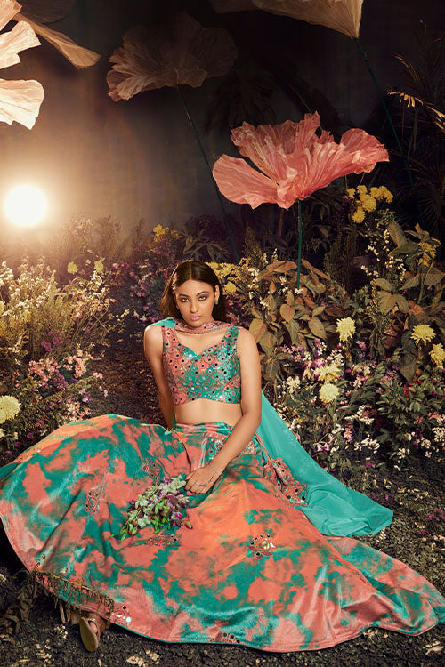 Turquoise Orange Velvet Sequins Embroidery Work Lehenga Choli