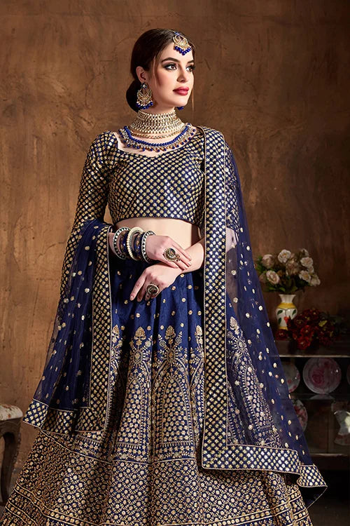 Wedding Wear Navy Blue Colour Embroidery  Lehenga Choli