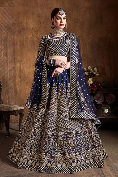 Wedding Wear Navy Blue Colour Embroidery  Lehenga Choli