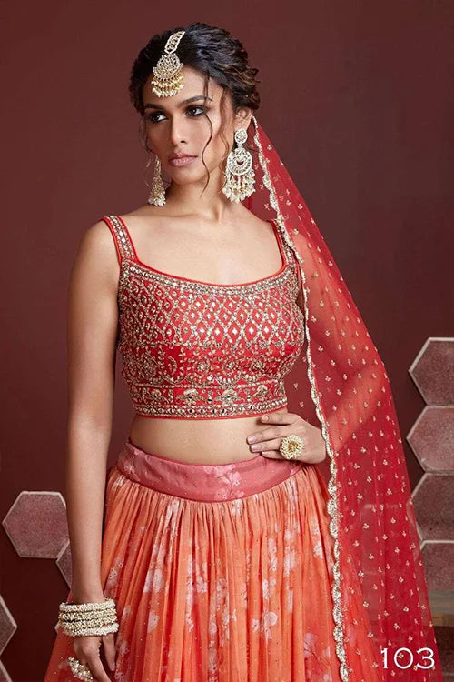 Wedding Wear Orange Sequins Embroidered Lehenga Choli