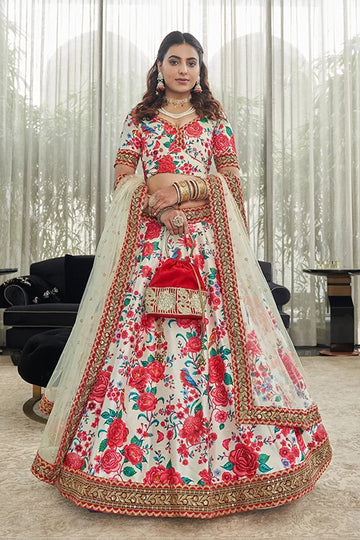 White Red Art Silk Digital Print With Sequins Lehenga Choli