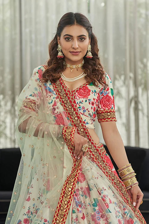 White Red Art Silk Digital Print With Sequins Lehenga Choli