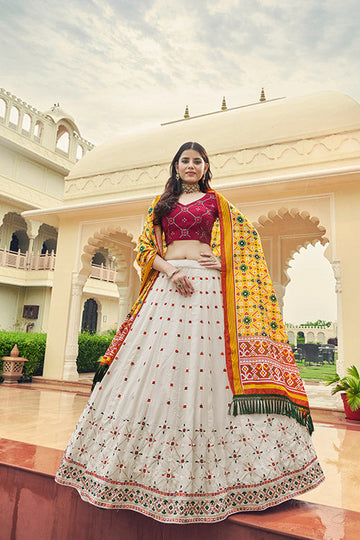 White Georgette Thread With Sequins Embroidered Lehenga Choli