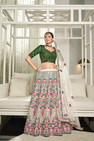 White Silk Thread With Sequince Embroidered Lehenga Choli