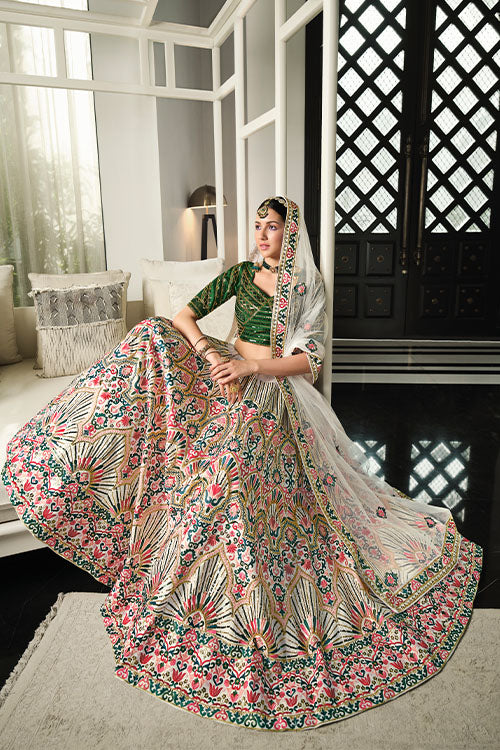 White Silk Thread With Sequince Embroidered Lehenga Choli
