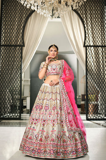 White Silk Thread With Sequince Embroidered Lehenga Choli