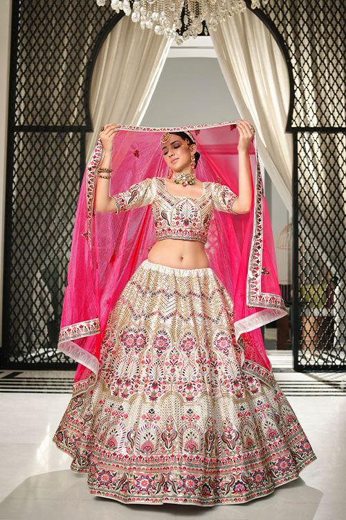 White Silk Thread With Sequince Embroidered Lehenga Choli