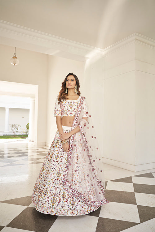 White Silk Thread With Sequins Embroidered Lehenga Choli