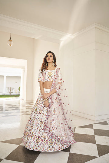 White Silk Thread With Sequins Embroidered Lehenga Choli