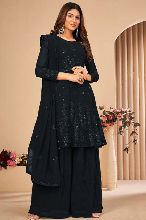 Womens Wear Faux Georgette Thread And Sequins Embroidered Sharara Set