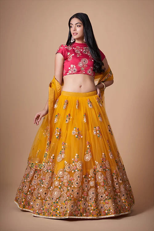 Yellow Floral Sequins Embroidered With Mirror Lehenga Choli Ensemble