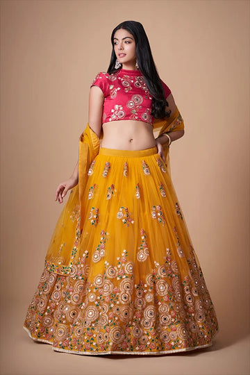 Yellow Floral Sequins Embroidered With Mirror Lehenga Choli Ensemble