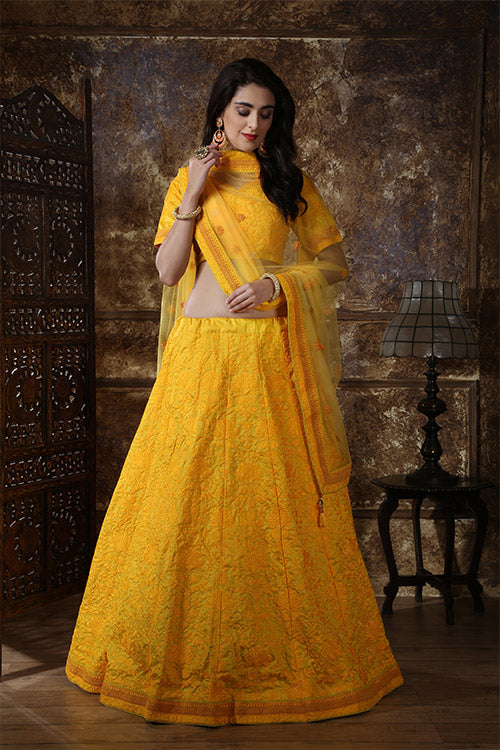 Yellow Silk Thread With Sequins Embroidered Work Lehenga Choli