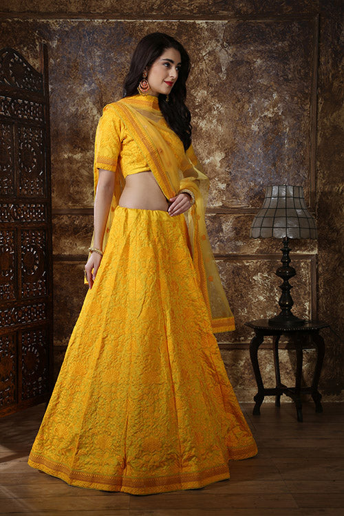 Yellow Silk Thread With Sequins Embroidered Work Lehenga Choli