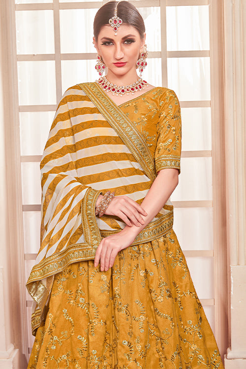 Yellow Thread With Sequins Embroidered Lehenga Choli With Dupatta