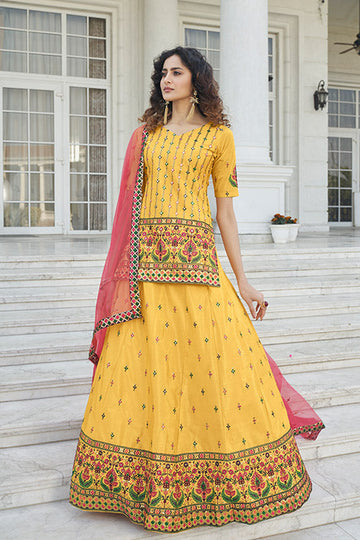 Yellow Chinon Gota Patti Embroidered Lehenga Choli