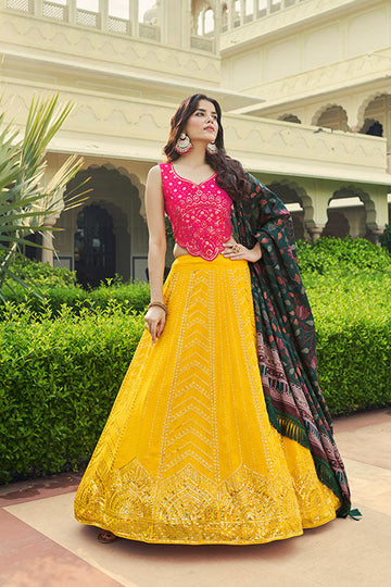 Yellow Georgette Sequins Embroidered Lehenga Choli