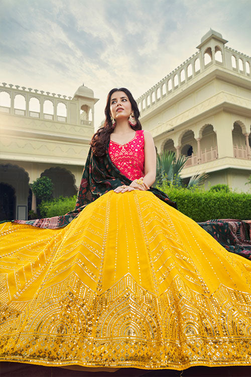 Yellow Georgette Sequins Embroidered Lehenga Choli